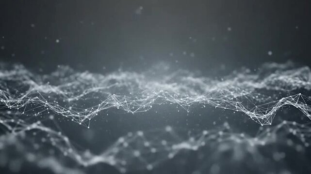 A digital network of glowing white particles forms a complex abstract wave pattern