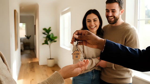 A real estate agent handing over the keys to a new home to a happy young couple in their new house