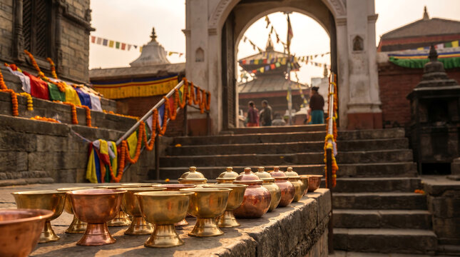 Buddhist temple event: Offerings and prayer flags for Vesak. Copy space in front, cultural background.