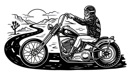 Bearded biker riding a custom chopper through a desert landscape © Maesa