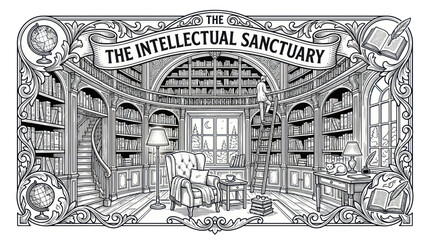 Ornate classic library interior with bookshelves and reading chair © Maesa