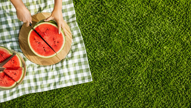Hands slicing fresh watermelon on a picnic blanket in the park