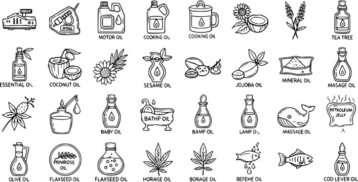 Black and White Line Art Icons of Various Oils and Lubricants, Including Motor Oil, Coconut Oil, and Tea Tree Oil, on White Background