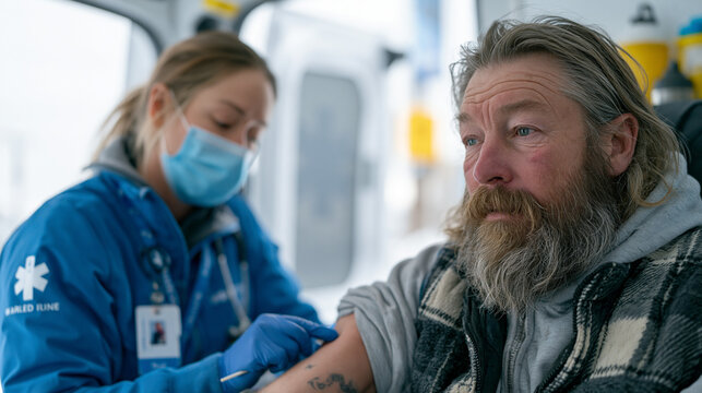 Mobile clinic phlebotomist collects a bl 3
