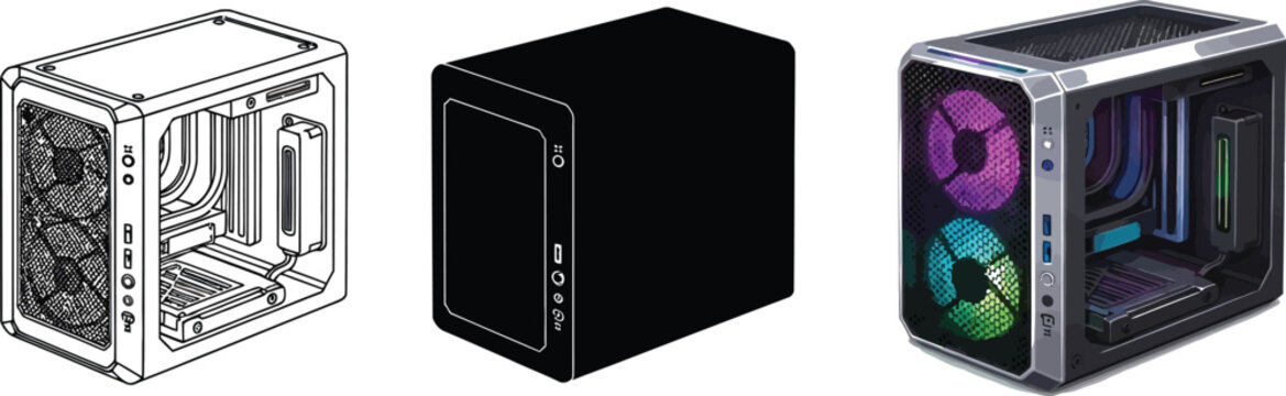 Collection of computer case illustrations including a wireframe silhouette and RGB illuminated model for tech and gaming concepts