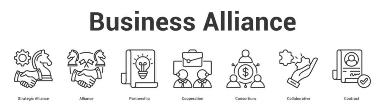 Business Alliance web banner icon set vector illustration concept for business with icon of Strategic Alliance, Alliance, Partnership, Cooperation, Consorti.
