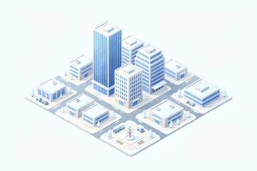 Fototapeta premium Isometric 3D vector illustration of a modern winter corporate district with snow covered corporate buildings 