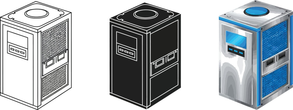 Set of industrial chiller icons in outline silhouette and color vector styles for cooling system design isolated on white