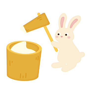 うさぎが餅つきするイラスト/An illustration of a rabbit pounding mochi (rice cakes).