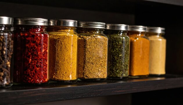 Shelf of various spices in clear jars with silver lids, lined up on a dark wooden shelf