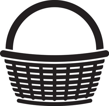 Detailed black silhouette of a traditional woven basket with an intricate pattern and handle on transparent background.