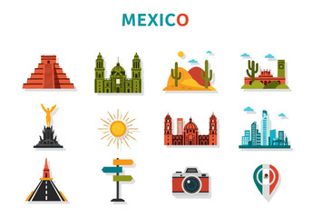 A collection of twelve flatstyle icons representing Mexican landmarks symbols and travel themes © Miu Studio