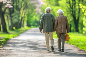 Obraz premium A couple of older people are walking down a road