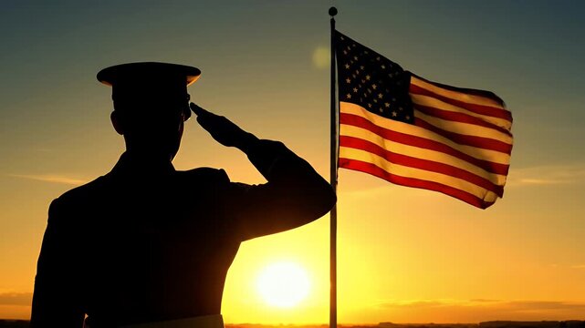 A silhouette of a soldier saluting the American flag during a vibrant sunset at a military memorial site
