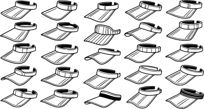 Sports and Fashion Visors Collection in Black and White Line Art Doodle Style for Outdoor Accessory Designs