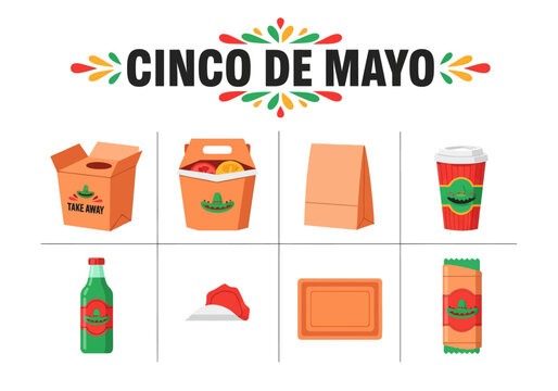 A graphic for Cinco de Mayo featuring food service packaging and icons