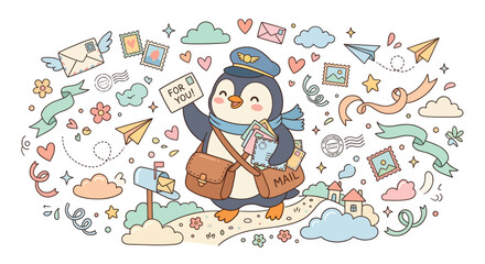 Fototapeta premium Cute Penguin Mail Carrier Character with Letter Doodles Vector Art