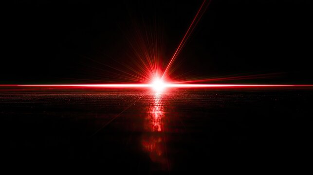 A brilliant red light explodes and reflects on a dark surface