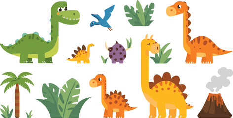 Cute Dinosaur Cartoon Collection Featuring Brontosaurus Stegosaurus Triceratops Pterodactyl and Volcano with Tropical Prehistoric Nature Elements Vector Illustration © Bokul