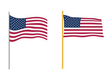 Obraz premium USA flag on pole vector set. American waving flag collection, US flagpole icons, patriotic united states flag illustration isolated on white background