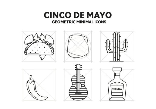 A grid of six geometric lineart icons depicting Cinco de Mayo themes set against a faint Xmarked background