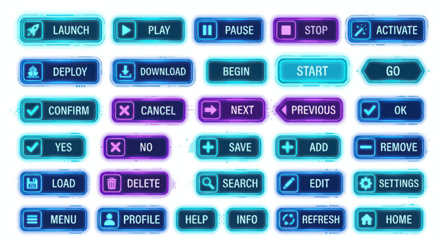 Futuristic glowing neon user interface buttons for gaming and apps