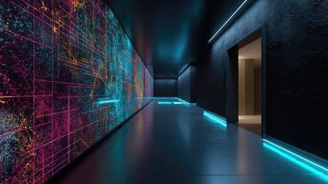 Futuristic corridor with glowing digital art wall and neon blue accents