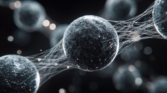 Microscopic cells connected by fine filaments in a dark, ethereal science setting