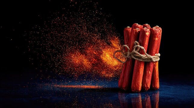 Red sticks bound with twine explode into fiery orange particles