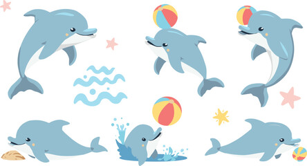 Fototapeta premium Cute Dolphin Cartoon Collection Featuring Playing Dolphins with Beach Balls Splashing Water and Ocean Summer Activities Vector Illustration