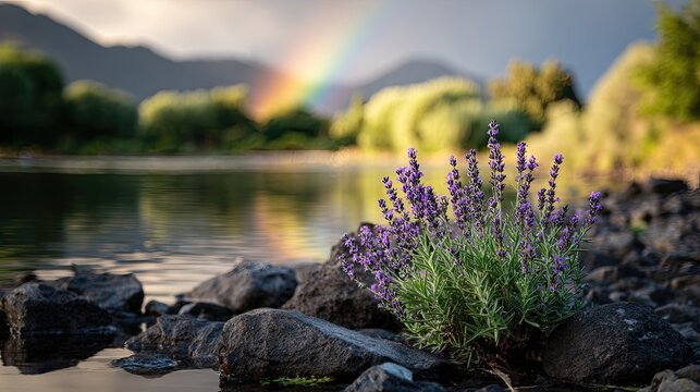 Serene landscape with lavender bush by a tranquil lake under a rainbow