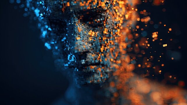 Abstract digital human face dissolving into glowing particles, dark background