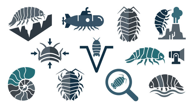 Collection of stylized icons representing isopods and related concepts, including submarines, fossils, and industrial elements.