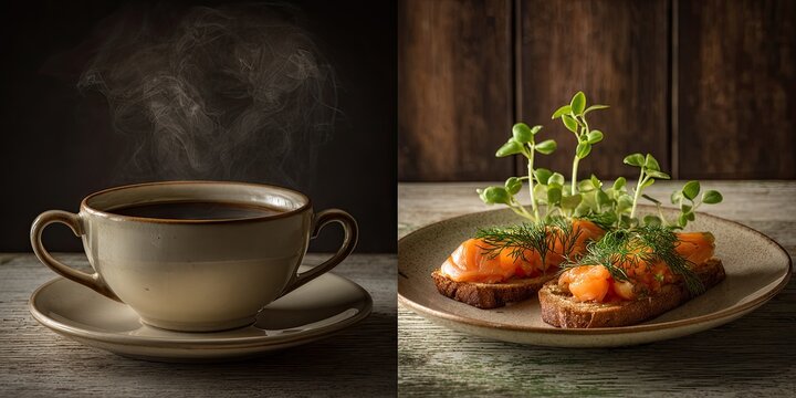 Hot steaming coffee next to salmon open-faced sandwiches with greens