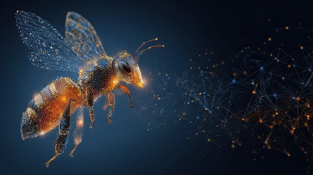 A glowing, particle-formed bee flies towards a digital network of lights and lines