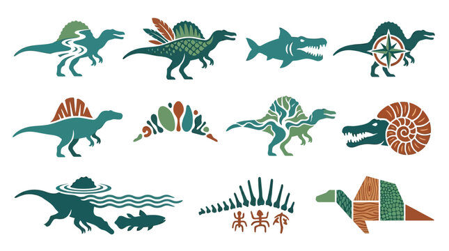 Collection of stylized dinosaur illustrations and prehistoric creatures in teal and terracotta colors.