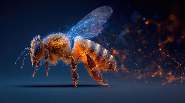 A detailed, glowing bee dissolves into digital particles against a dark background