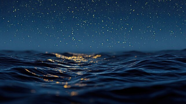 Gentle ocean waves reflect shimmering starlight under a clear night sky