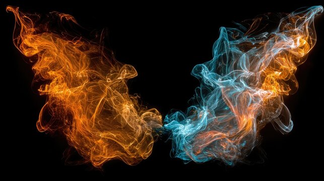 Abstract swirling fiery orange and icy blue smoke forming wings against black
