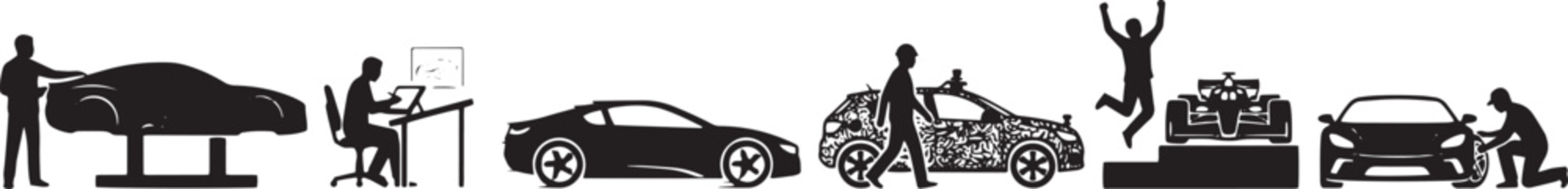 Automotive Industry Workflow Illustrating Car Design Engineering Production Testing and Racing Victory Silhouettes.