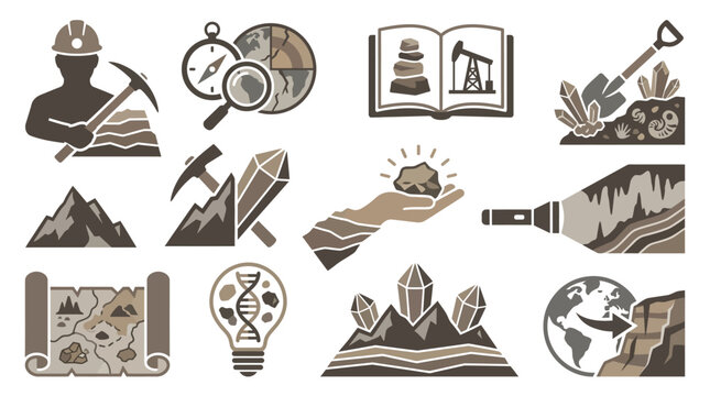 Collection of icons representing geology, mining, and earth science exploration with tools and natural elements.