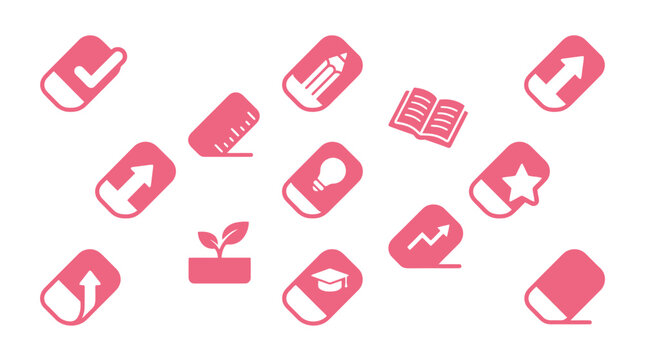 Collection of pink erasers with various educational and business icons on a white background.