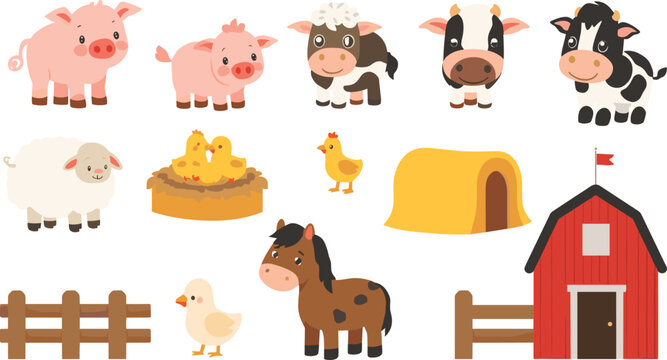 Cute Farm Animal Cartoon Collection Featuring Pig Cow Sheep Horse Chick Duck and Barnyard Elements Vector Illustration