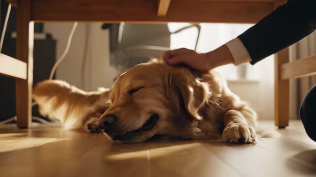 A golden retriever dog lies under a desk being pet by a businessman. Warm lighting emphasizes stress relief and pet friendly workplaces. Perfect for business wellness and pet care concepts.