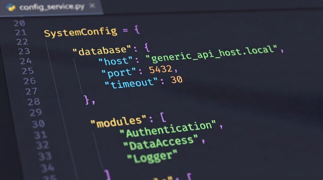 Python configuration file on computer screen showing system settings, database host port timeout and modules list for software development