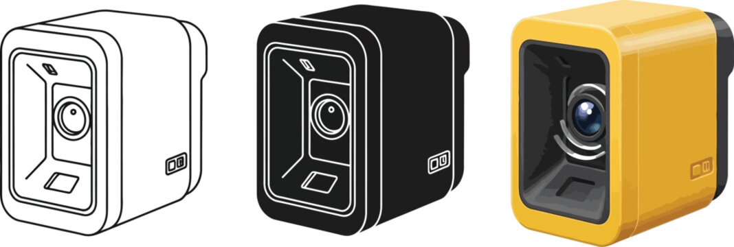 Collection of 3D scanner icons including line art silhouette and realistic yellow device for industrial technology concepts