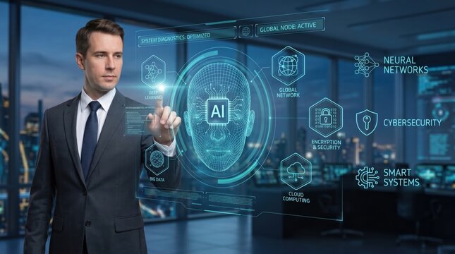 Corporate man interacting with AI neural network interface, cybersecurity and smart systems technology in modern office environment