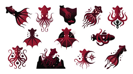 Collection of stylized octopus and squid illustrations in dark red and black, evoking a sense of mystery and the deep sea. © tr