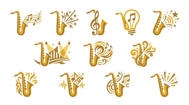 Collection of golden saxophone logos with musical notes and abstract elements.