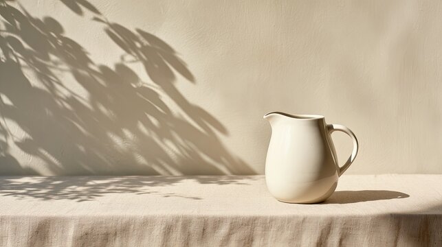 Cream pitcher casts shadow on textured cloth under dappled sunlight